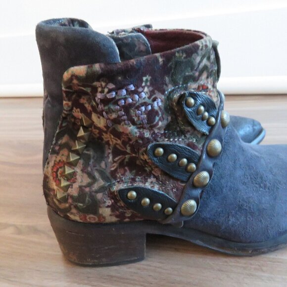 A.S. 98 Blue Floral Velvet Studded Bohemian Leather Ankle Booties Boots - Picture 5 of 15
